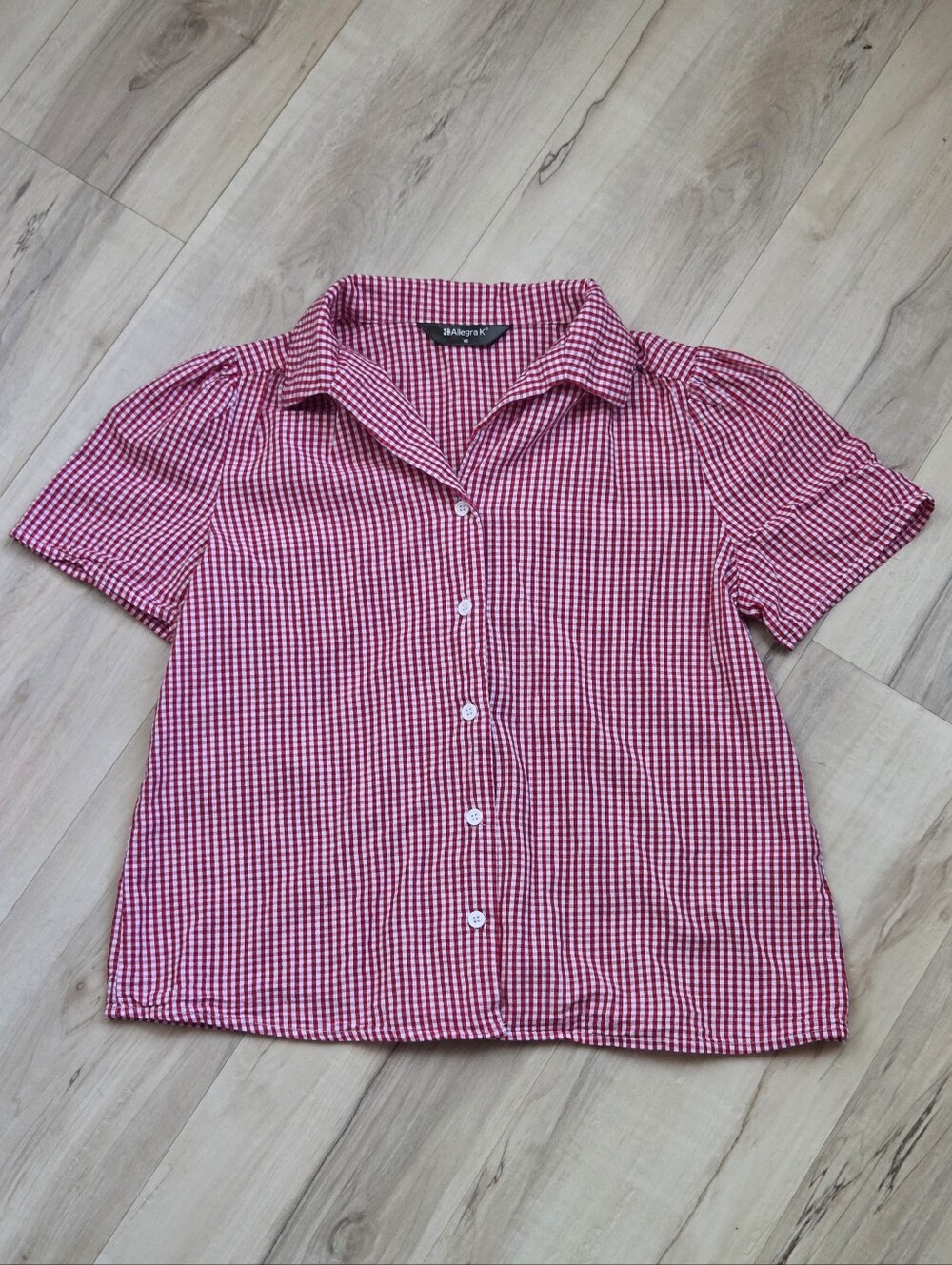Allegra K 100% Cotton Red and White Gingham Button-Down Blouse Size Xs